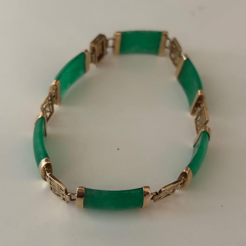 14K Yellow Gold Green Jade Fortune Lucky Link Vintage Bracelet
